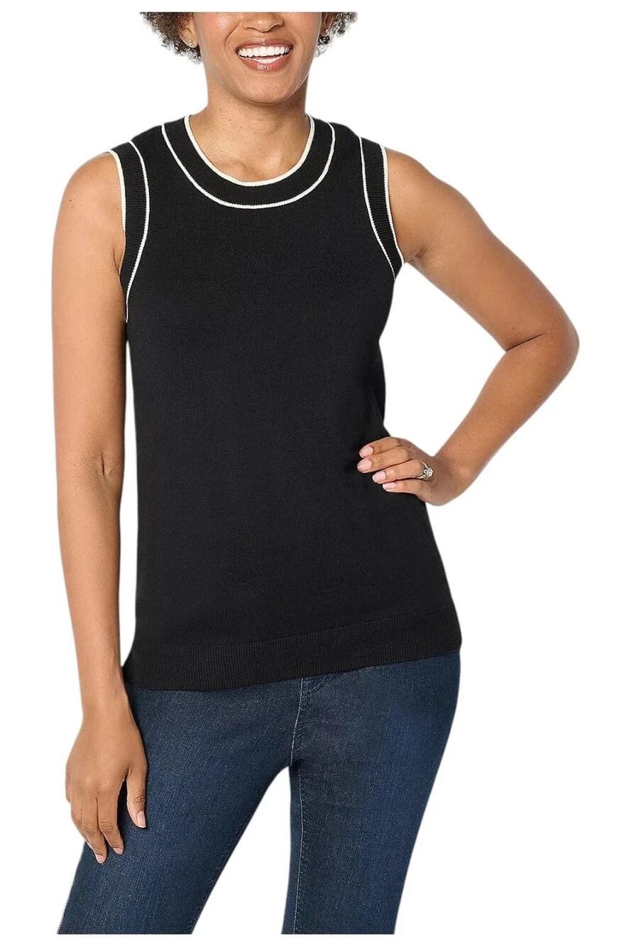 Isaac Mizrahi Live Sleeveless Sweater Womens Large Black Shell Tank Knit Preppy